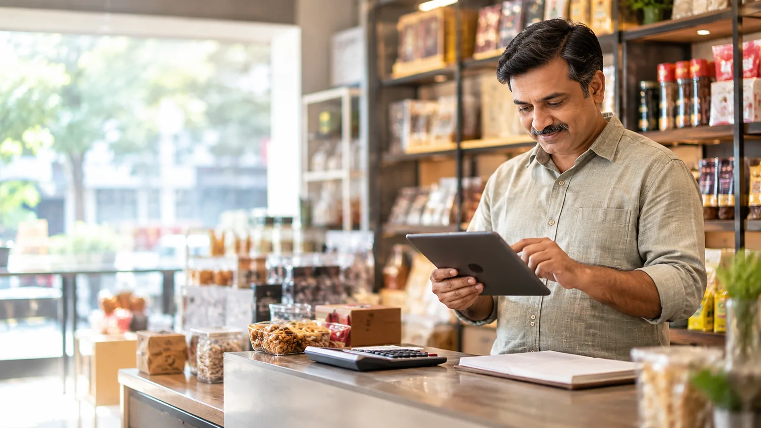 Small business owner using a tablet in his shop