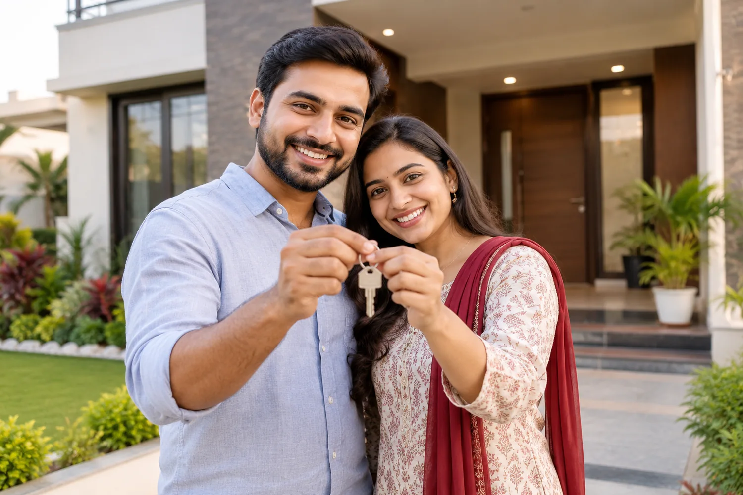 A couple holding keys outside their new home